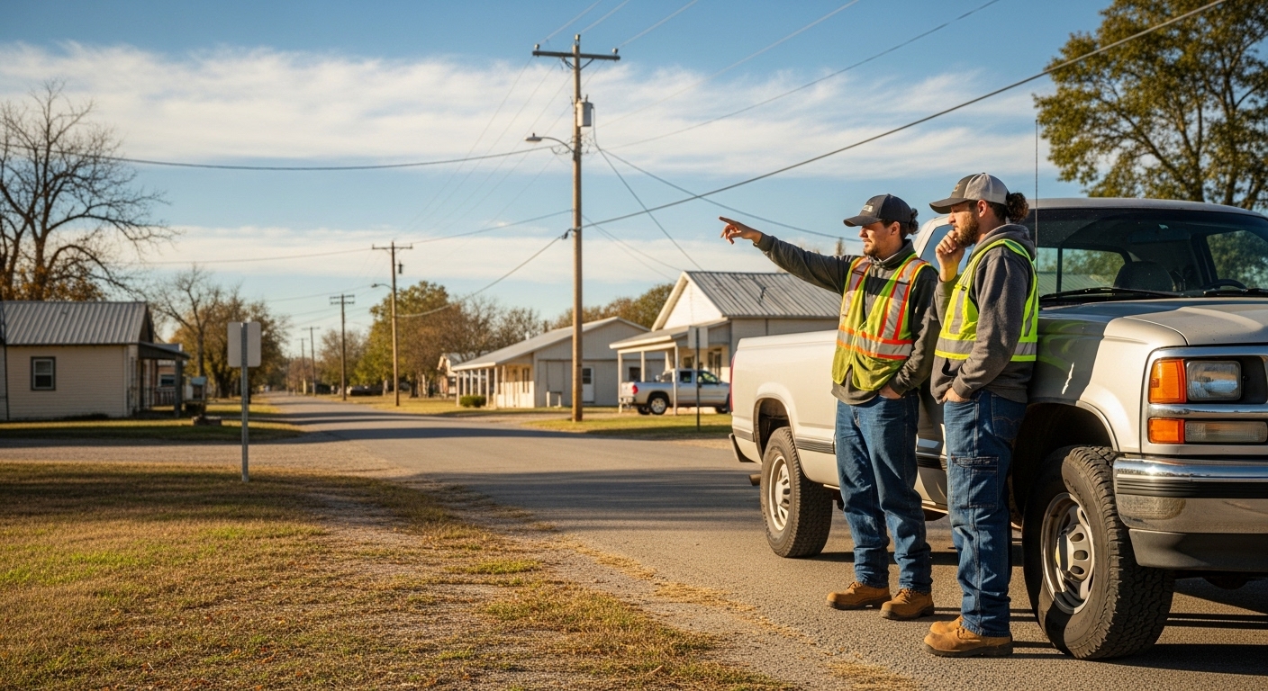 Two workers standing near a truck pointing at something they need to work on
