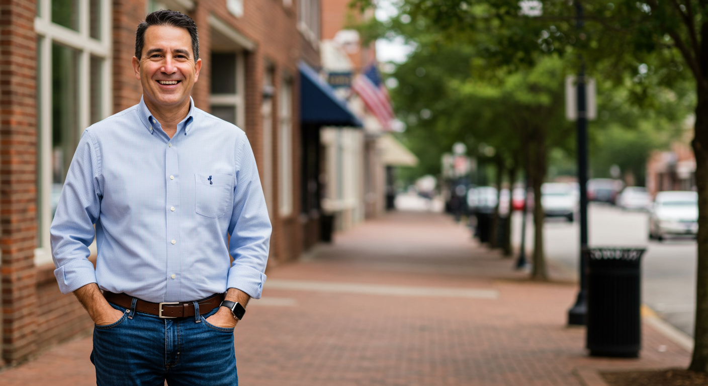 Gentleman standing on the sidewalk of a small town with his hands in his pocket and smiling