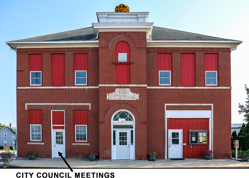 City Hall with an arrow pointing to the left door indicating that is where the city council meetings are held