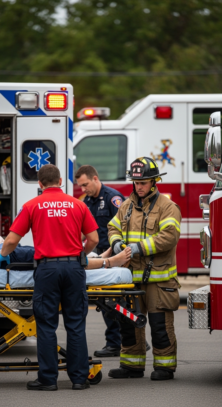 Firefighter and EMS attending to a patient, with ambulance and fire truck in the background.