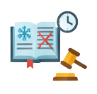 Book with text crossed out and a snowflake representing weather, a clock, and a gavel