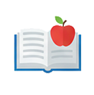 An open book with an apple