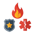 A flame representing fire department, a police badge, and a star of life representing EMS services
