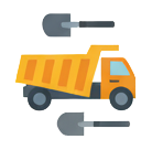 A dump truck and two shovels