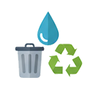 A water drop, trash can, and recycling symbol