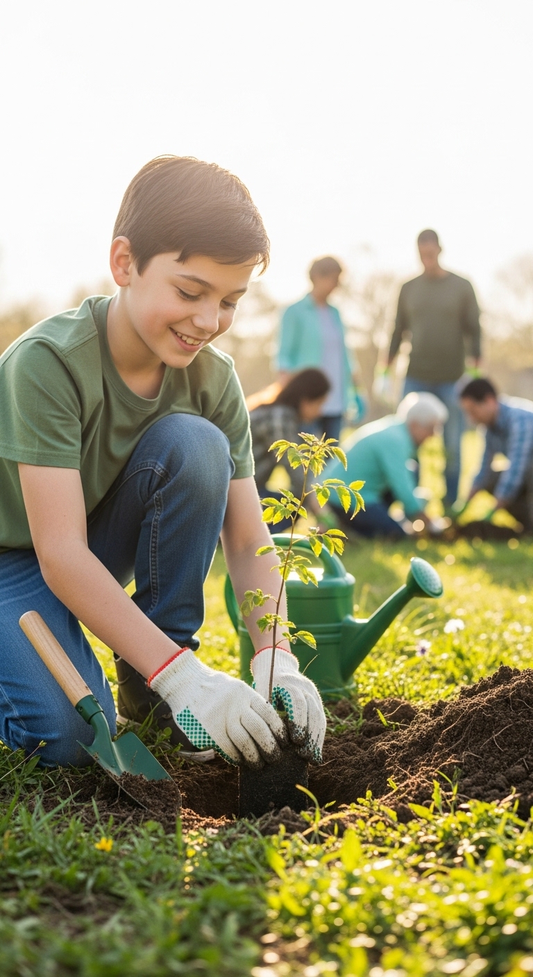 A boy planting a tree