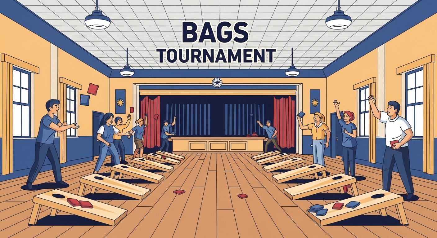 Stylized poster illustration of an indoor bean bag toss (cornhole) tournament titled 'Bags Tournament', showing 12 wooden cornhole boards (6 on each side) spaced far apart inside a community hall, with players tossing bags and cheering, bold red, blue, and gold colors, clean lines, and a festive community fundraiser atmosphere.